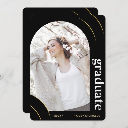 Black and Gold Arch Photo Graduparty Kaart (Voorkant / Achterkant)