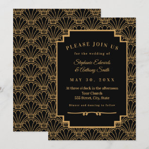 Black and Gold Art Deco Fan Flowers Wedding Kaart