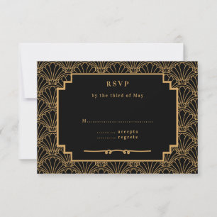 Black and Gold Art Deco Fan Flowers Wedding RSVP Kaartje