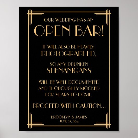 Black and Gold Art Deco Gatsby Open Bar, 8x10 Poster (Voorkant)