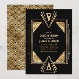 Black and Gold Art Deco Gold Rehearsal Dinner Kaart
