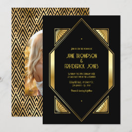 Black and Gold Art Deco Gold Wedding Photo Kaart