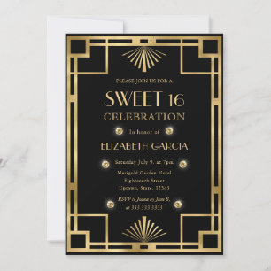 Black and Gold Art Deco Lijst Sweet 16 Kaart
