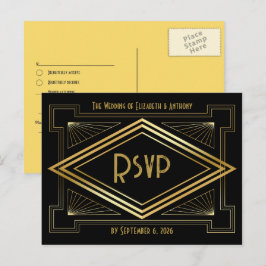 Black and Gold Art Deco Wedding RSVP QR Code Briefkaart