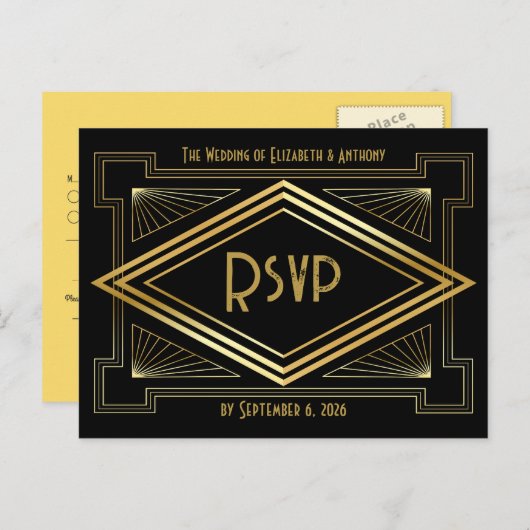 Black and Gold Art Deco Wedding RSVP QR Code Briefkaart (Voorkant / Achterkant)