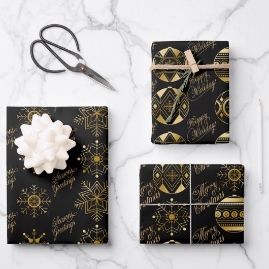 Black and Gold Baubles en Snowflakes kerst Inpakpapier Vel (Voorkant)