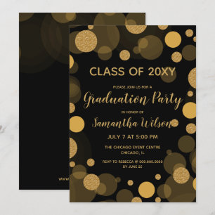 Black and Gold Bokeh Lights Graduation Party Kaart
