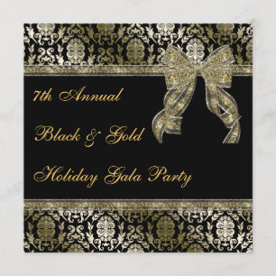Black and Gold Bowed Damask Holiday Party Invite Kaart