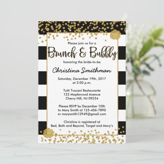 Black and Gold Brunch en Bubbly Uitnodigingen (Staand voorkant)