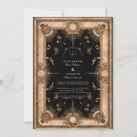 Black and Gold Celestial Baroque Wedding Kaart (Voorkant)