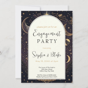Black and Gold Celestial Moon Engagement Party Kaart