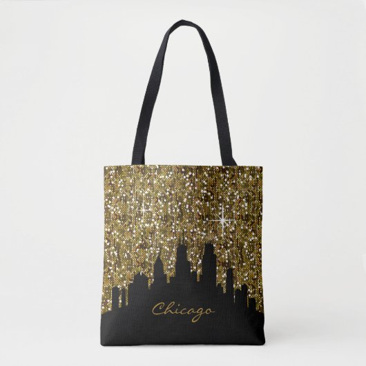 Black and Gold Confetti Glitter Chicago Skyline Draagtas (Voorkant)
