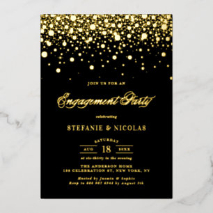 Black and Gold Confetti Stippen Engagement Party Folie Uitnodiging