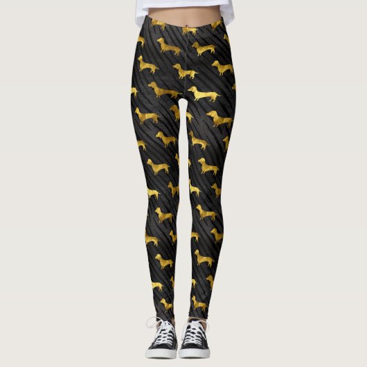 Black and Gold Dachshund Pattern Leggings (Voorkant)