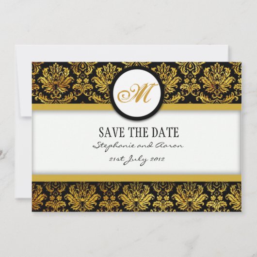 Black and Gold Damask Monogram opslaan Datum Kaart (Voorkant)