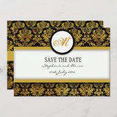 Black and Gold Damask Monogram opslaan Datum Kaart (Voorkant / Achterkant)