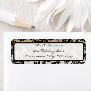 Black and Gold Damask Swirls Weddenlabel Etiket