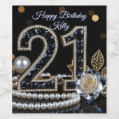 Black and Gold Diamond White Rose 21st Birthday Wijn Etiket (Enkel label)