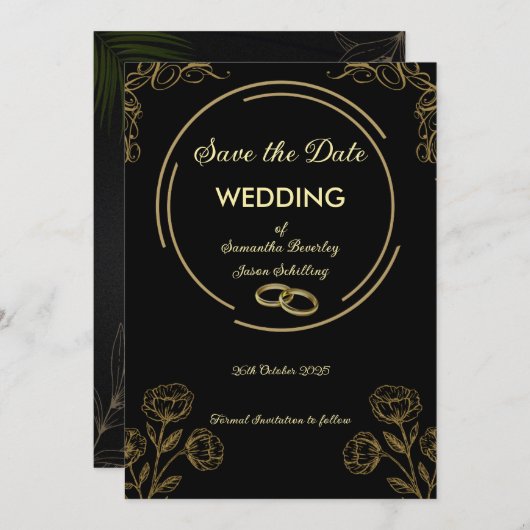 Black and Gold Enregistrer la carte Date (Devant / Derrière)