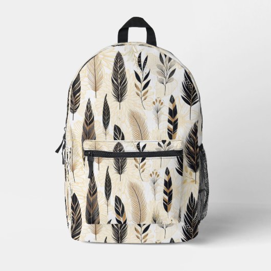 Black and Gold Feather Printed Backpack Bedrukte Rugzak (Voorkant)