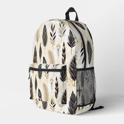Black and Gold Feather Printed Backpack Bedrukte Rugzak (Achterkant Hoek Rechts)