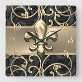 Black and Gold Filigree Swirls Fleur de Lis Vierkante Klok