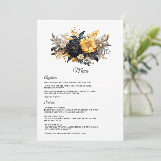 Black and Gold Floral Wedding Menu (Staand voorkant)