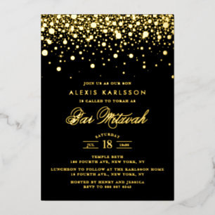 Black and Gold Foil Confetti Stippen Bar Mitzvah Folie Uitnodiging
