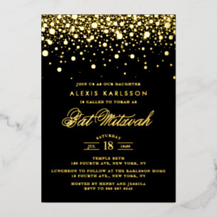Black and Gold Foil Confetti Stippen Bat Mitzvah Folie Uitnodiging