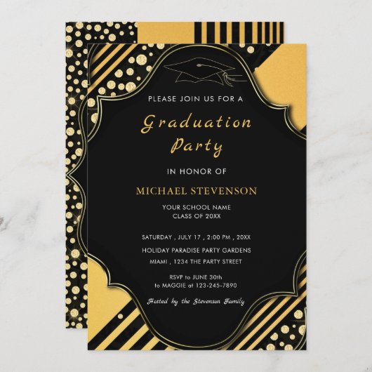 Black and Gold Framed Afstuderen Invitation (Voorkant / Achterkant)