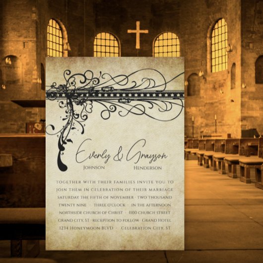 Black and Gold Funky Elegant Swirls Wedding Invite Kaart