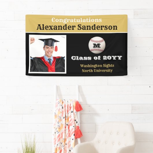 Black and Gold Gefeliciteerd Baseball Afstuderen Spandoek (Insitu)