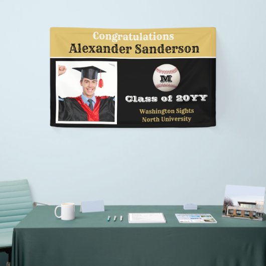 Black and Gold Gefeliciteerd Baseball Afstuderen Spandoek (Beurs)