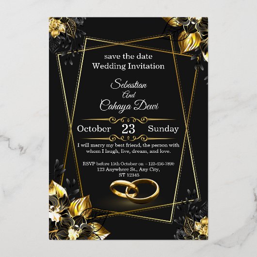 Black and Gold Glam Luxury Wedding Invitation  (Recto)