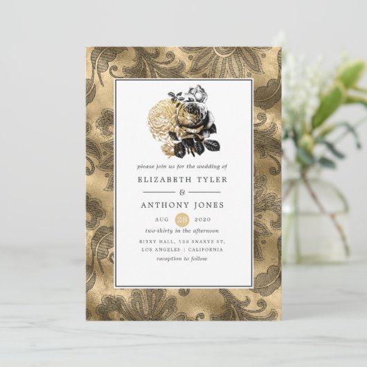 Black and Gold Glam Wedding Kaart (Staand voorkant)