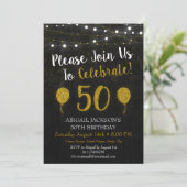 Black and Gold Glitter 50th Birthday Invitation Kaart (Staand voorkant)