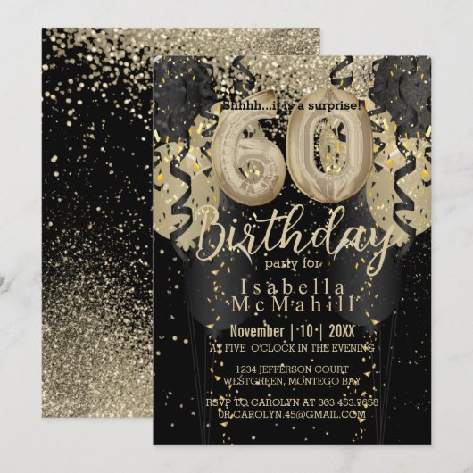 Black and Gold Glitter 60th Birthday Invitation Kaart (Voorkant / Achterkant)