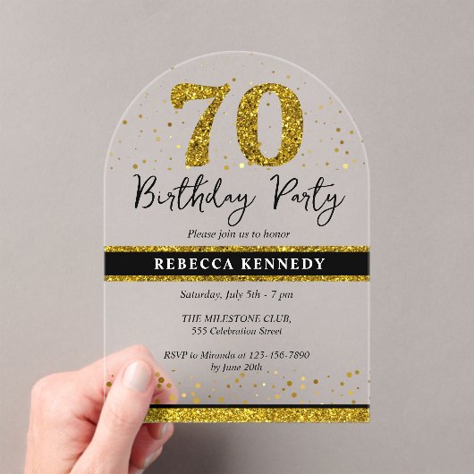 Black and Gold Glitter 70e verjaardag Acryl Uitnodigingen (Insitu (Draagbaar))