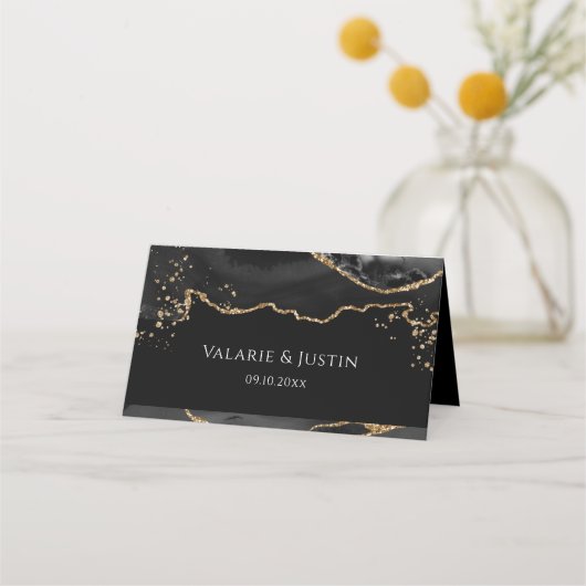 Black and Gold Glitter Agate Wedding Place Card (Voorkant)
