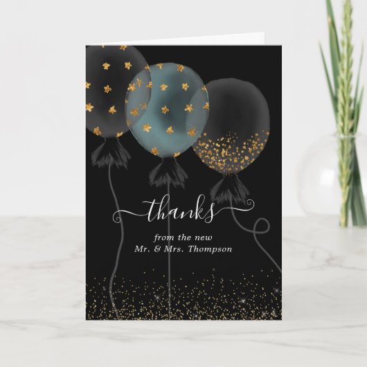 Black and Gold Glitter Balloon Wedding Bedankkaart (Voorkant)