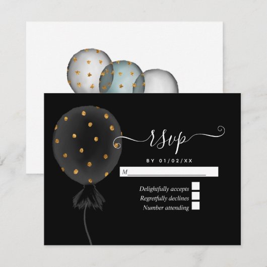 Black and Gold Glitter Balloon Wedding RSVP Kaartje (Voorkant / Achterkant)
