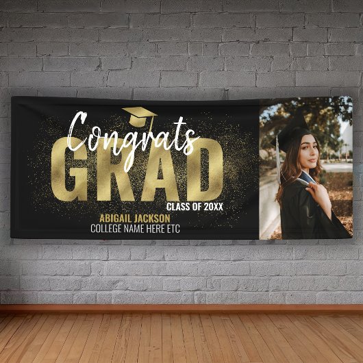 Black and Gold Glitter Congring Afstudeerder Foto Spandoek