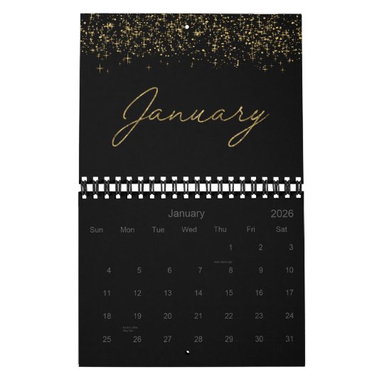 Black and Gold Glitter Elegant Modern Script 2026 Kalender (Jan 2026)
