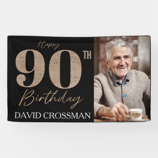 Black and Gold Glitter Numeral 90th Birthday Spandoek (Horizontaal)