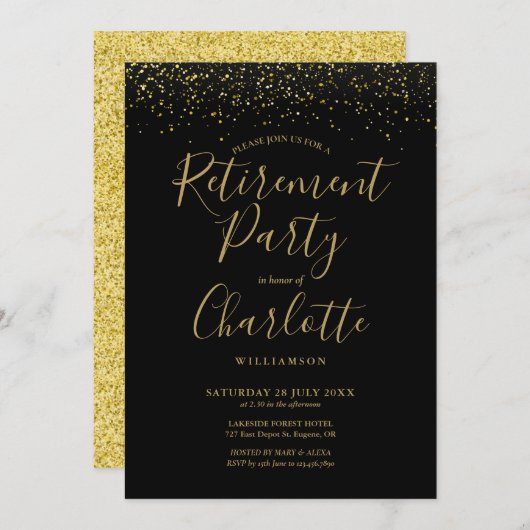 Black and Gold Glitter Script Retirement Party Kaart (Voorkant / Achterkant)