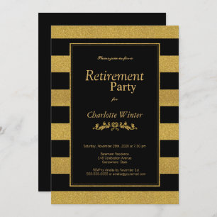 Black and Gold Glitter Striped Retirement Party Kaart