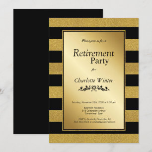 Black and Gold Glitter Striped Retirement Party Kaart
