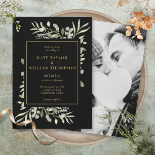 Black and Gold Greenery Photo Wedding Kaart