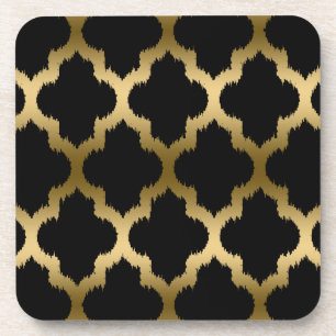 Black and Gold Ikat Quatrefoil Patroon Bier Onderzetter