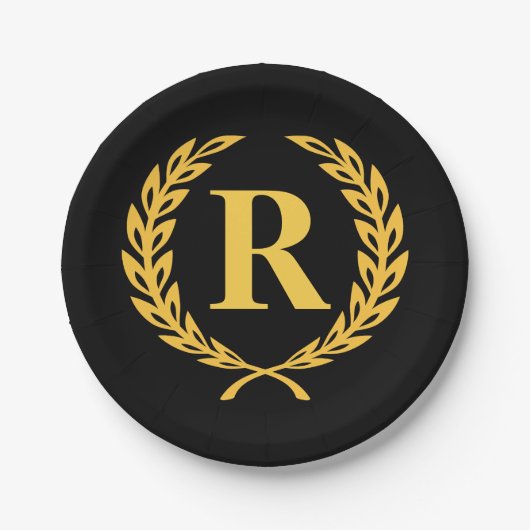 Black and Gold Laurel Wreath Monogram Papieren Bordje (Voorkant)